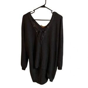 Altar'd State Lace up Double VNeck Dark Gray Oversized Sweater Size S